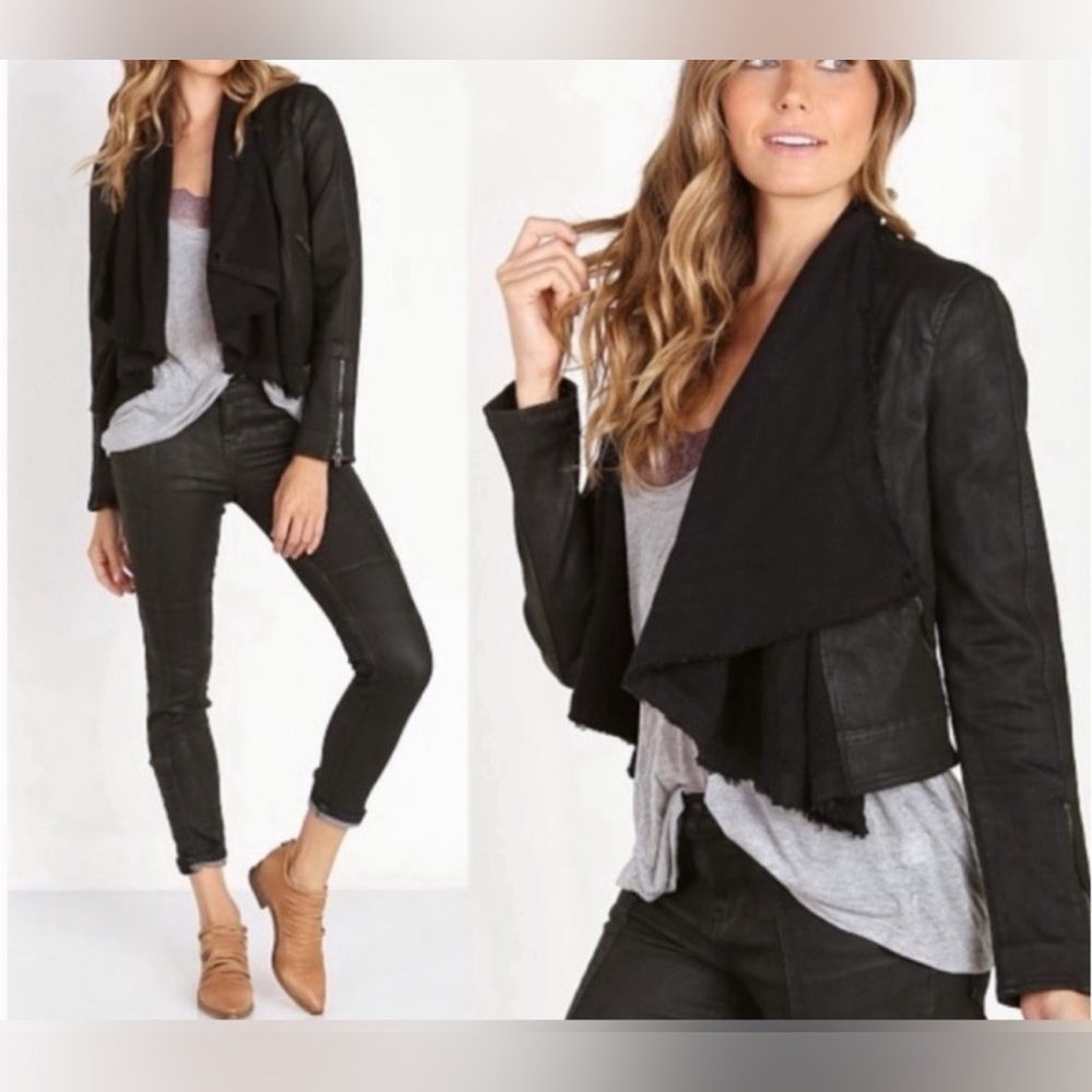 Free People Women's Coated Denim Black Drape Front  Moto Jacket Size 6